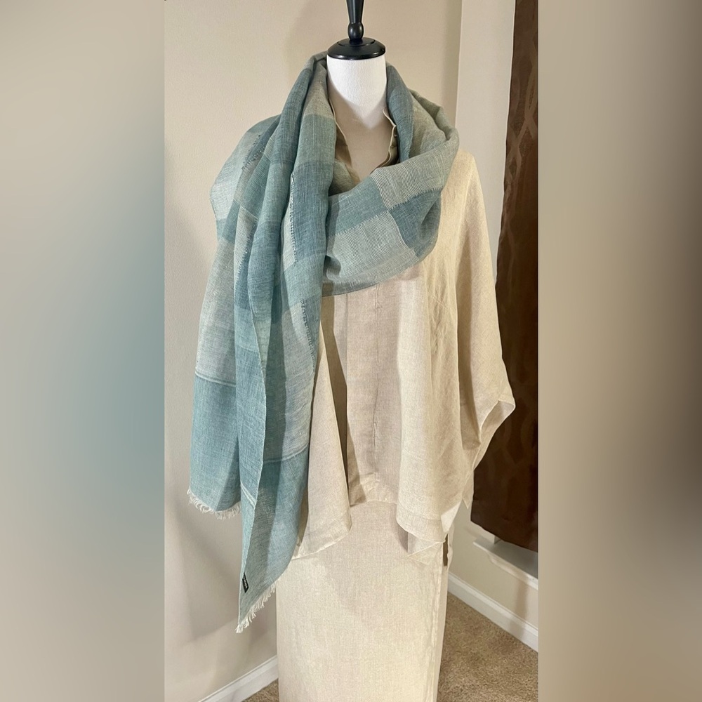 Eskandar Vintage Designer 100% Linen Scarf Sage & Cream Plaid Basketweave Long